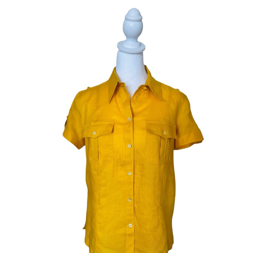 VINTAGE STARINGTON 100% LINEN SAFARI BUTTON UP SHORT SLEEVE BLOUSE SIZE MEDIUM